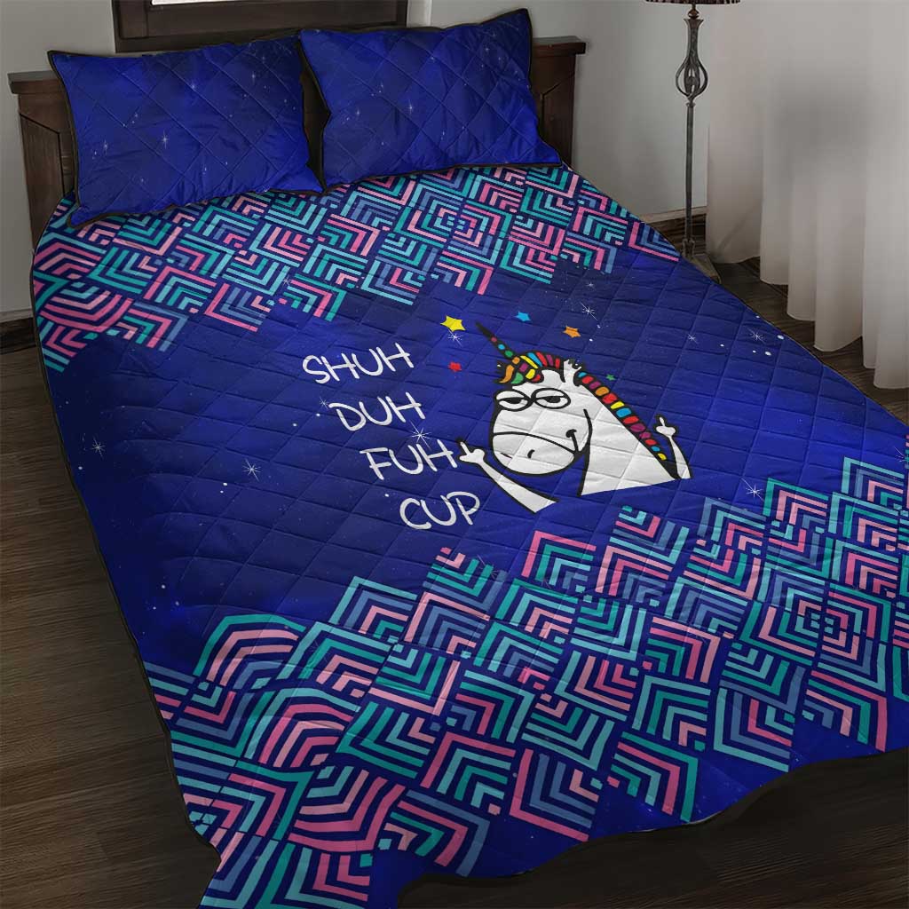 Funny Unicorn Quilt Bed Set with Shuh Duh Fuh Cup Quote Blue Geometric and Cartoon - Wonder Print Shop
