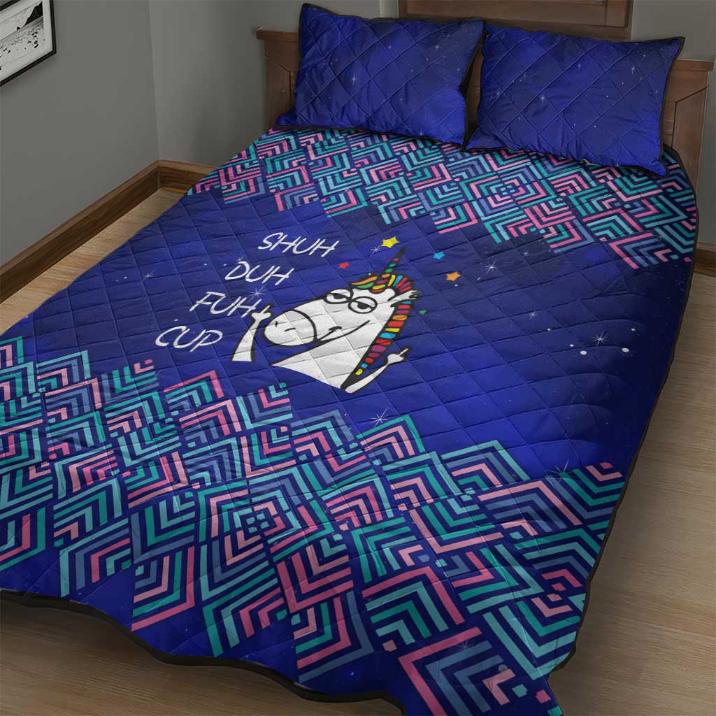 Funny Unicorn Quilt Bed Set with Shuh Duh Fuh Cup Quote Blue Geometric and Cartoon - Wonder Print Shop