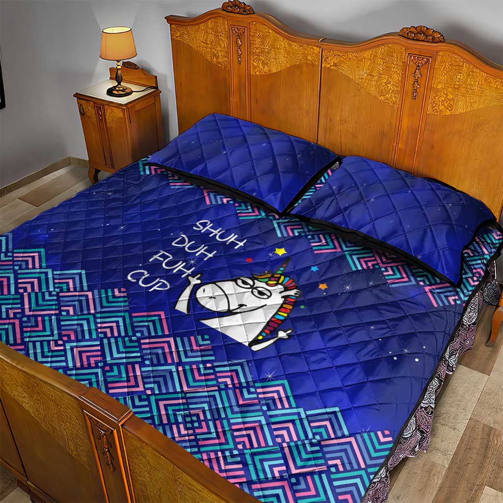 Funny Unicorn Quilt Bed Set with Shuh Duh Fuh Cup Quote Blue Geometric and Cartoon - Wonder Print Shop