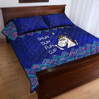 Funny Unicorn Quilt Bed Set with Shuh Duh Fuh Cup Quote Blue Geometric and Cartoon - Wonder Print Shop