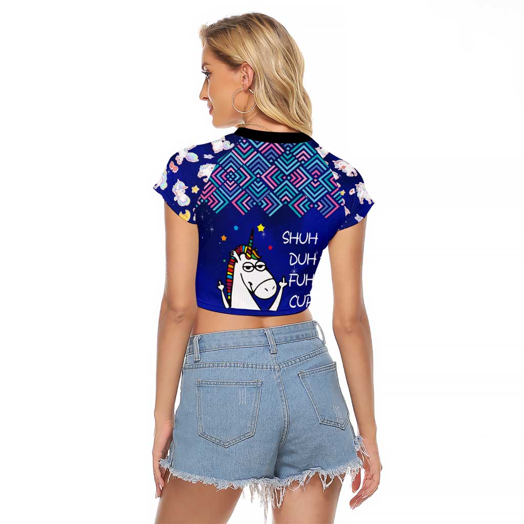 Funny Unicorn Raglan Cropped T Shirt with Shuh Duh Fuh Cup Quote Blue Geometric and Cartoon - Wonder Print Shop