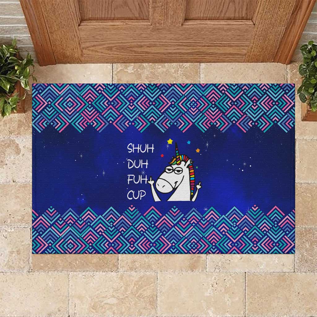 Funny Unicorn Rubber Doormat with Shuh Duh Fuh Cup Quote Blue Geometric and Cartoon - Wonder Print Shop