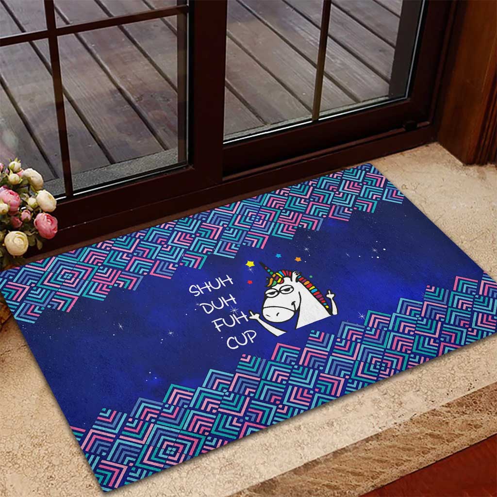 Funny Unicorn Rubber Doormat with Shuh Duh Fuh Cup Quote Blue Geometric and Cartoon - Wonder Print Shop