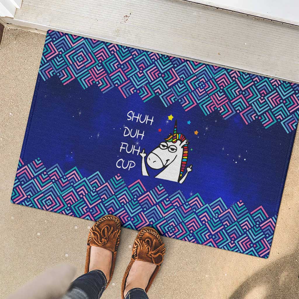 Funny Unicorn Rubber Doormat with Shuh Duh Fuh Cup Quote Blue Geometric and Cartoon - Wonder Print Shop