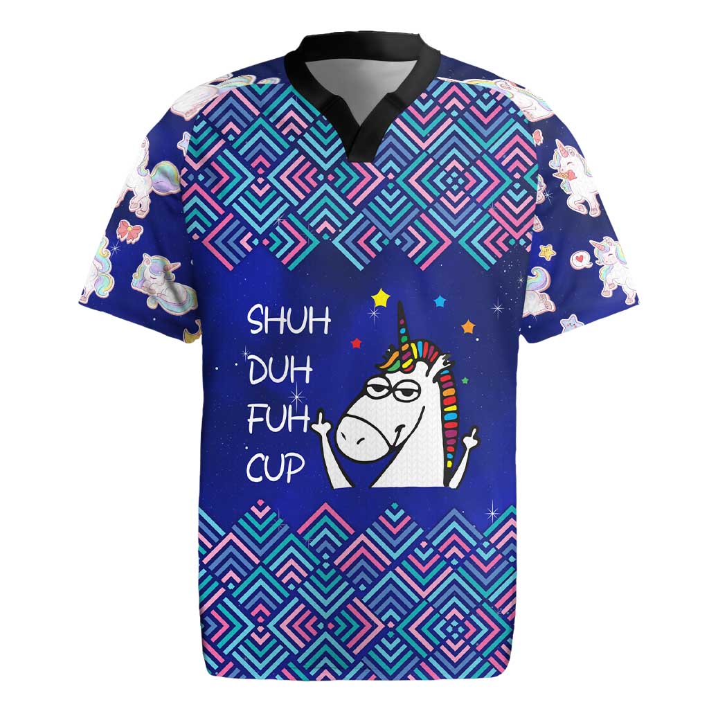 Funny Unicorn Rugby Jersey with Shuh Duh Fuh Cup Quote Blue Geometric and Cartoon - Wonder Print Shop