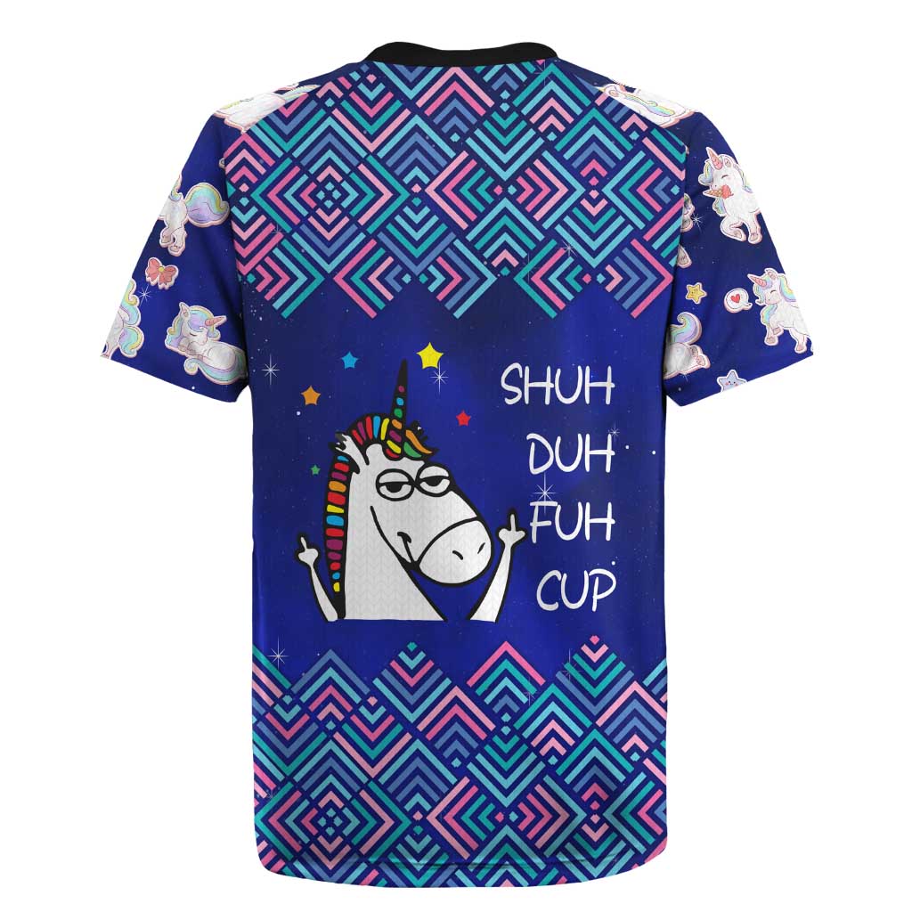Funny Unicorn Rugby Jersey with Shuh Duh Fuh Cup Quote Blue Geometric and Cartoon - Wonder Print Shop