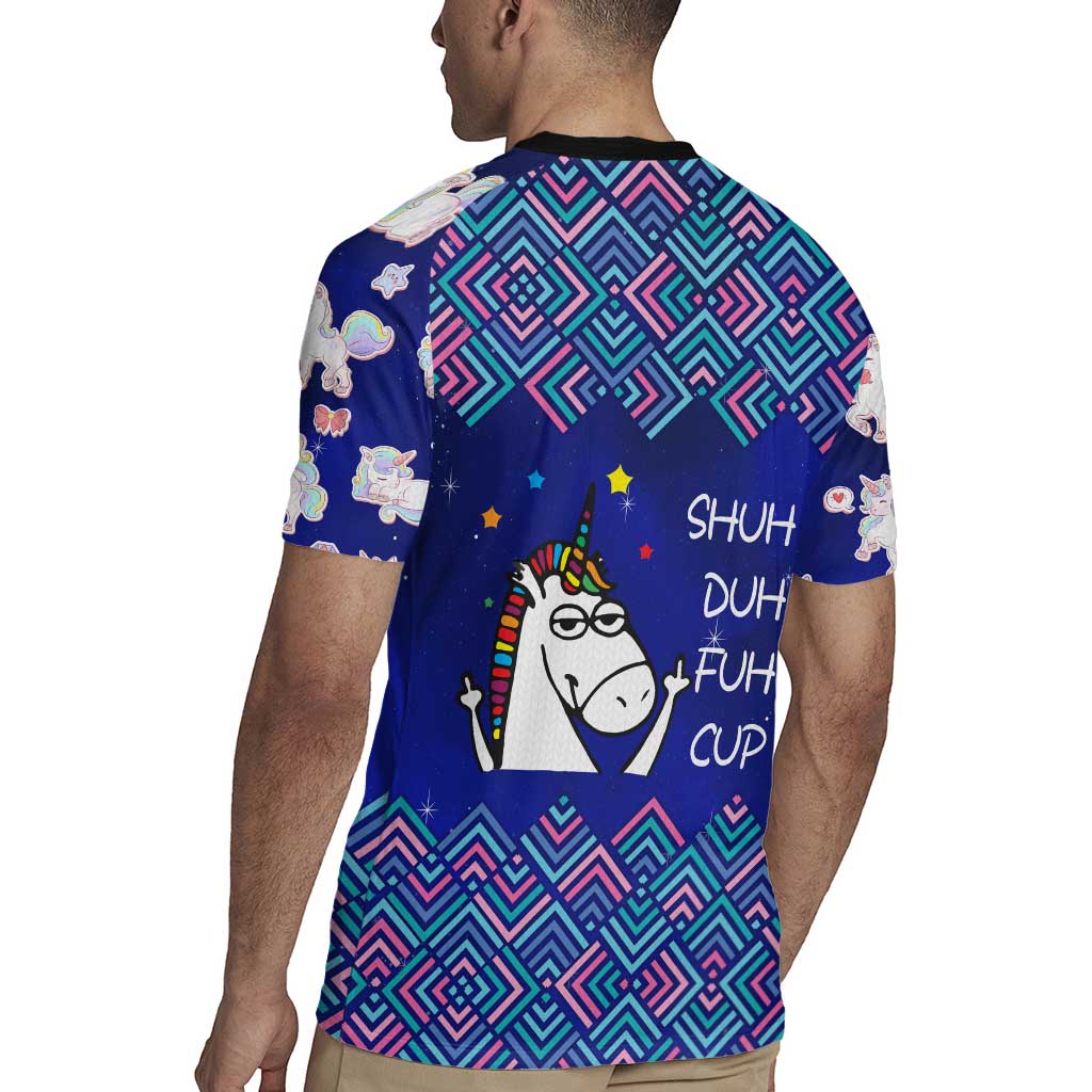 Funny Unicorn Rugby Jersey with Shuh Duh Fuh Cup Quote Blue Geometric and Cartoon - Wonder Print Shop