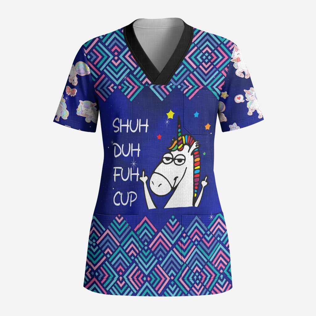 Funny Unicorn Scrub Top with Shuh Duh Fuh Cup Quote Blue Geometric and Cartoon - Wonder Print Shop