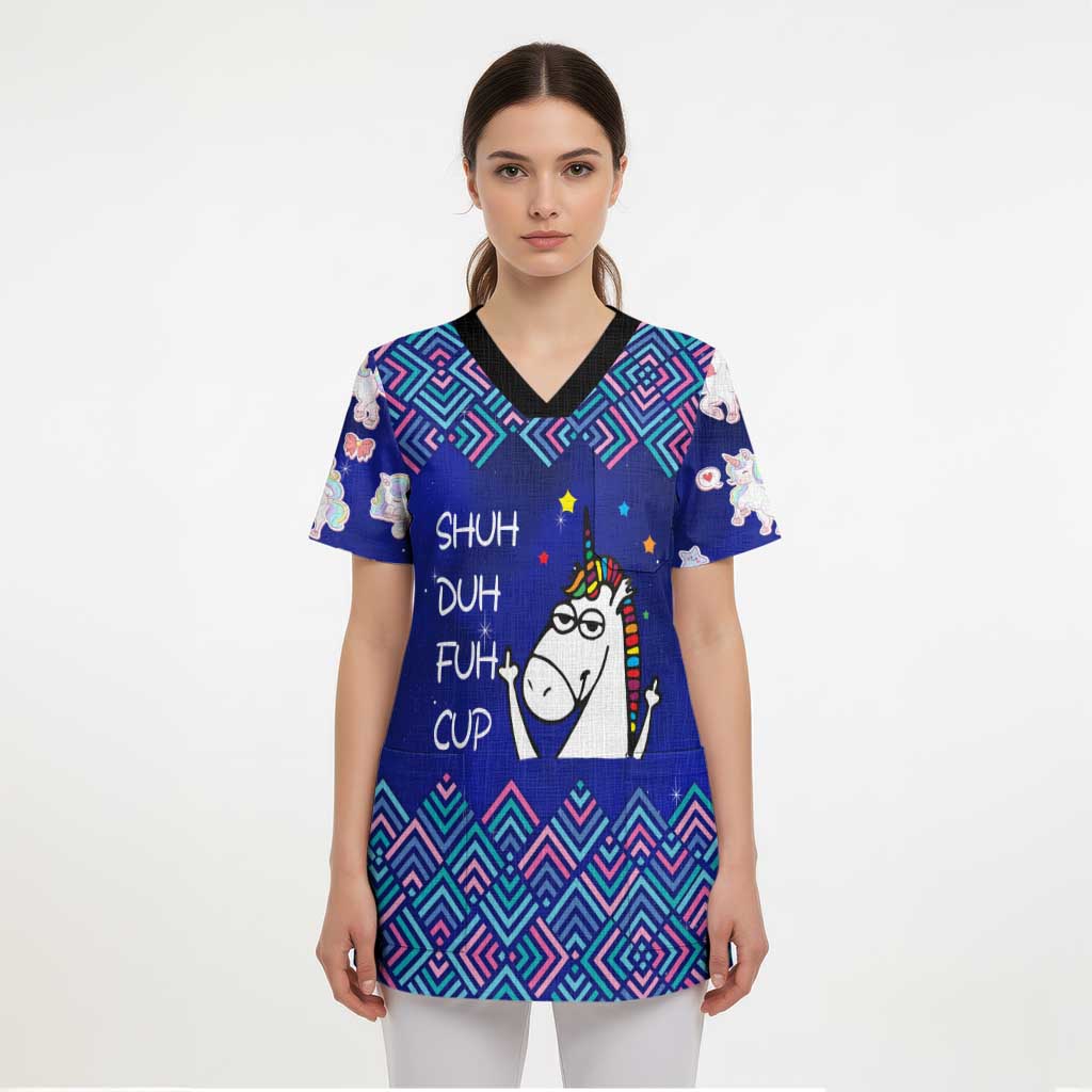 Funny Unicorn Scrub Top with Shuh Duh Fuh Cup Quote Blue Geometric and Cartoon - Wonder Print Shop