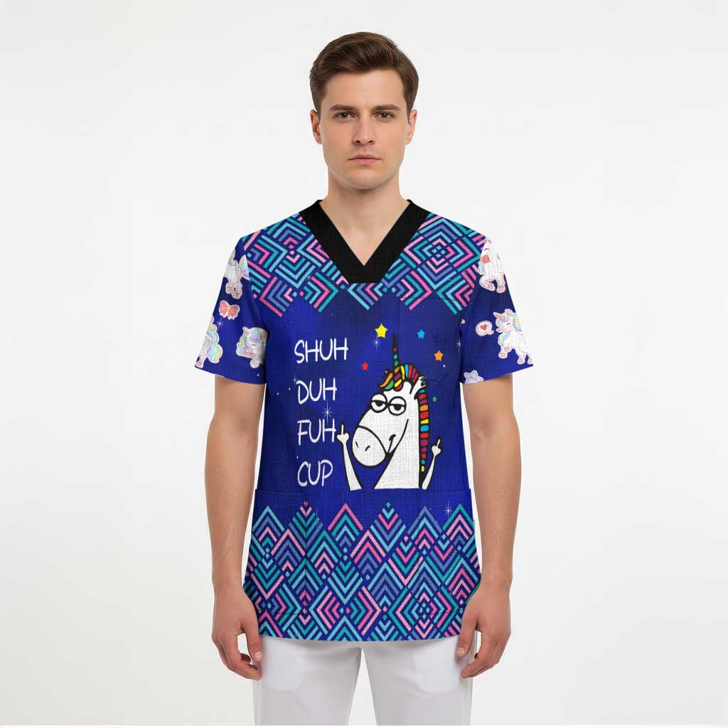 Funny Unicorn Scrub Top with Shuh Duh Fuh Cup Quote Blue Geometric and Cartoon - Wonder Print Shop