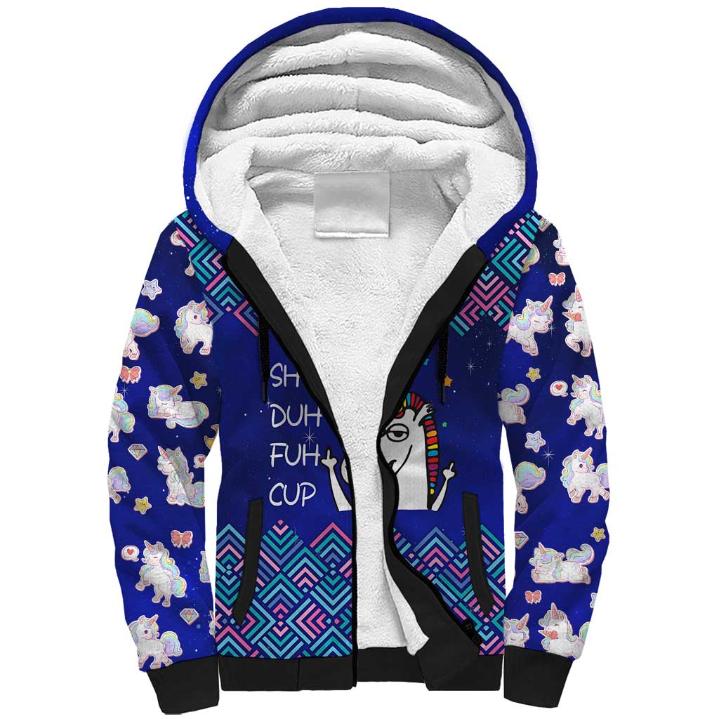Funny Unicorn Sherpa Hoodie with Shuh Duh Fuh Cup Quote Blue Geometric and Cartoon - Wonder Print Shop