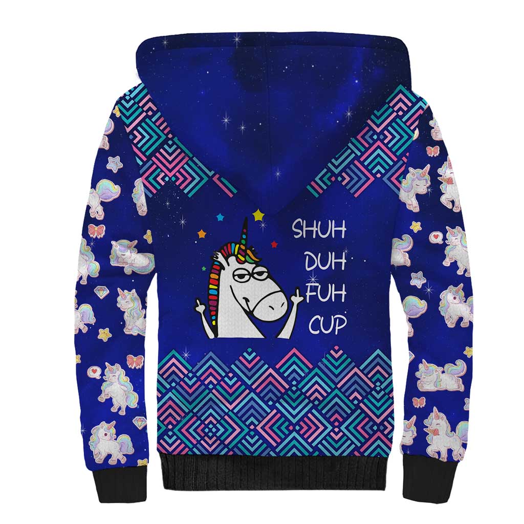 Funny Unicorn Sherpa Hoodie with Shuh Duh Fuh Cup Quote Blue Geometric and Cartoon - Wonder Print Shop