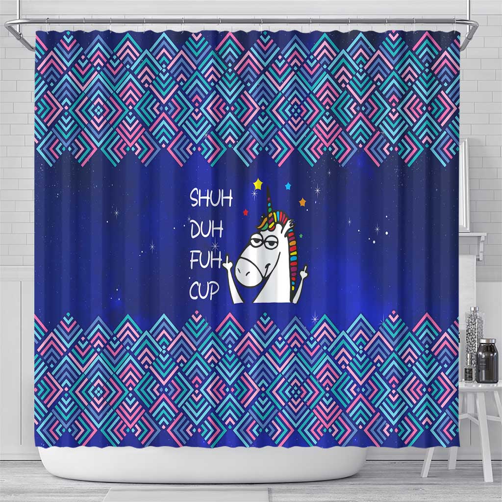 Funny Unicorn Shower Curtain with Shuh Duh Fuh Cup Quote Blue Geometric and Cartoon - Wonder Print Shop