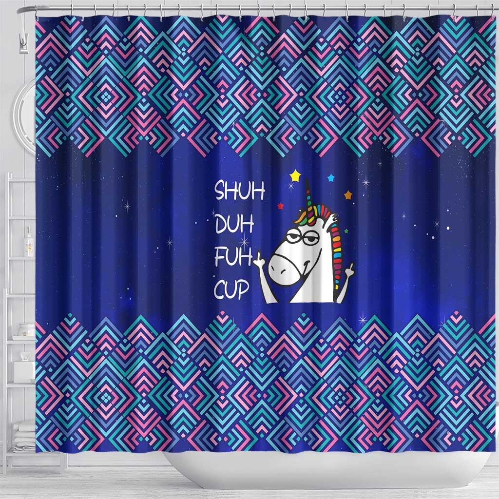 Funny Unicorn Shower Curtain with Shuh Duh Fuh Cup Quote Blue Geometric and Cartoon - Wonder Print Shop