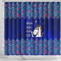 Funny Unicorn Shower Curtain with Shuh Duh Fuh Cup Quote Blue Geometric and Cartoon - Wonder Print Shop
