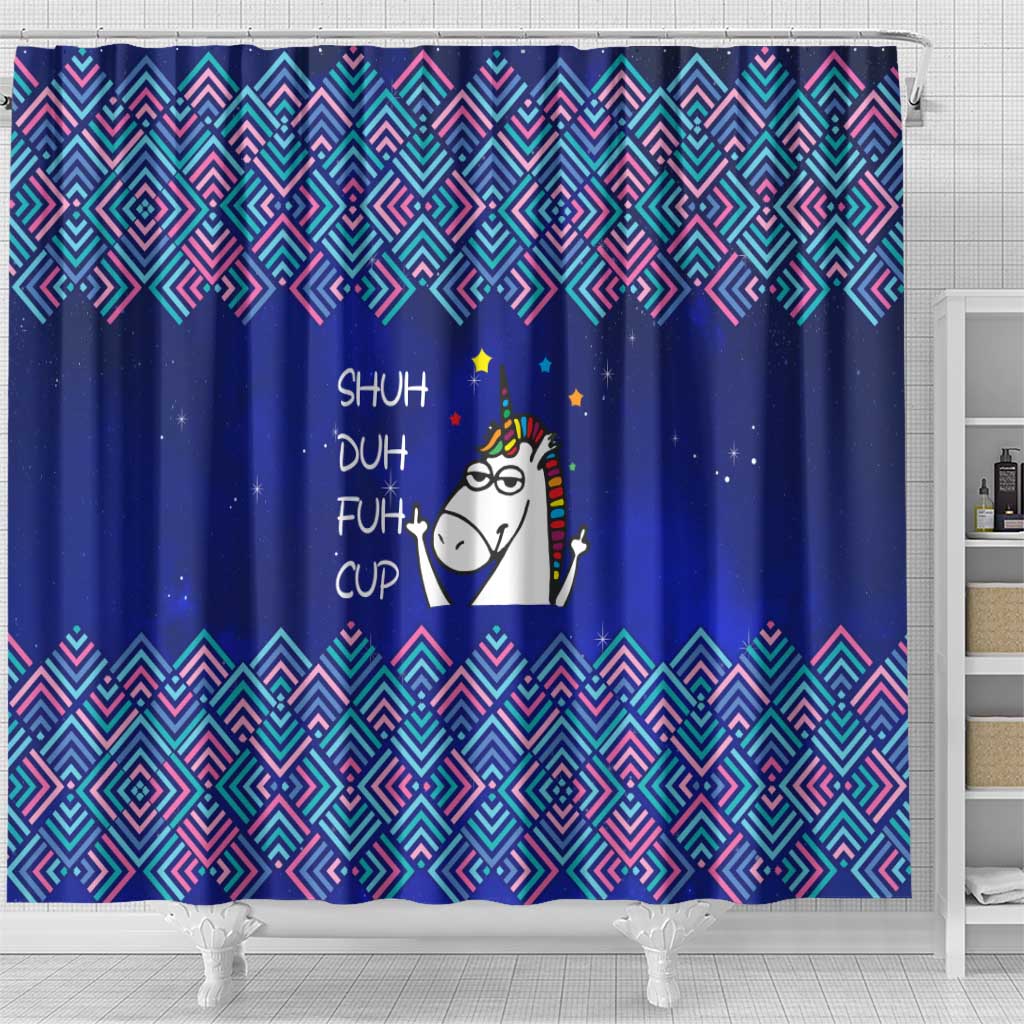 Funny Unicorn Shower Curtain with Shuh Duh Fuh Cup Quote Blue Geometric and Cartoon - Wonder Print Shop
