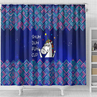 Funny Unicorn Shower Curtain with Shuh Duh Fuh Cup Quote Blue Geometric and Cartoon - Wonder Print Shop