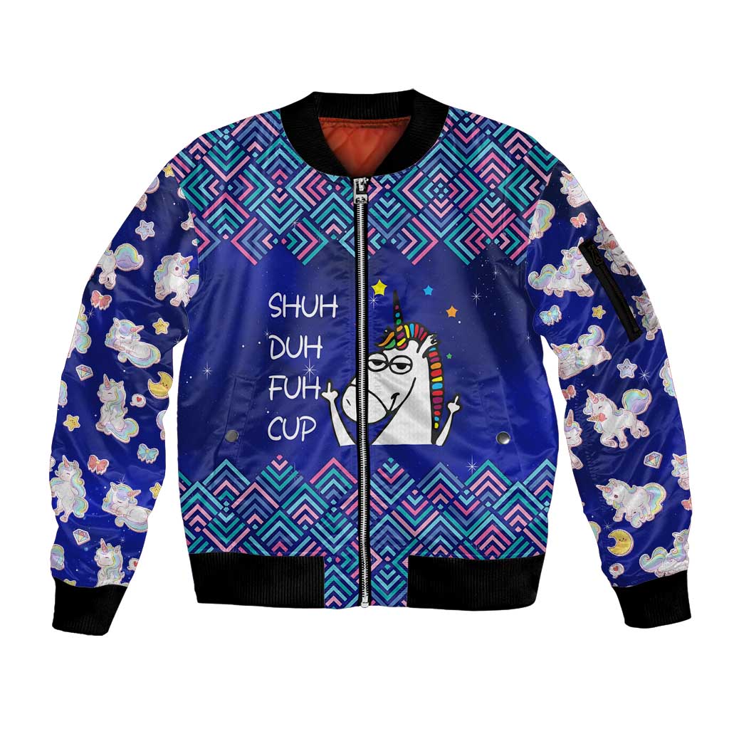 Funny Unicorn Sleeve Zip Bomber Jacket with Shuh Duh Fuh Cup Quote Blue Geometric and Cartoon - Wonder Print Shop