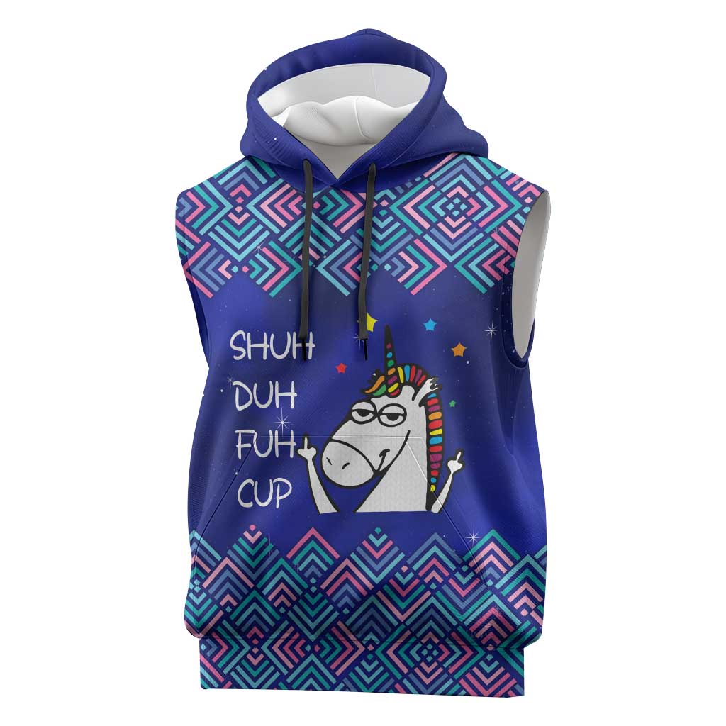Funny Unicorn Sleeveless Hoodie with Shuh Duh Fuh Cup Quote Blue Geometric and Cartoon - Wonder Print Shop