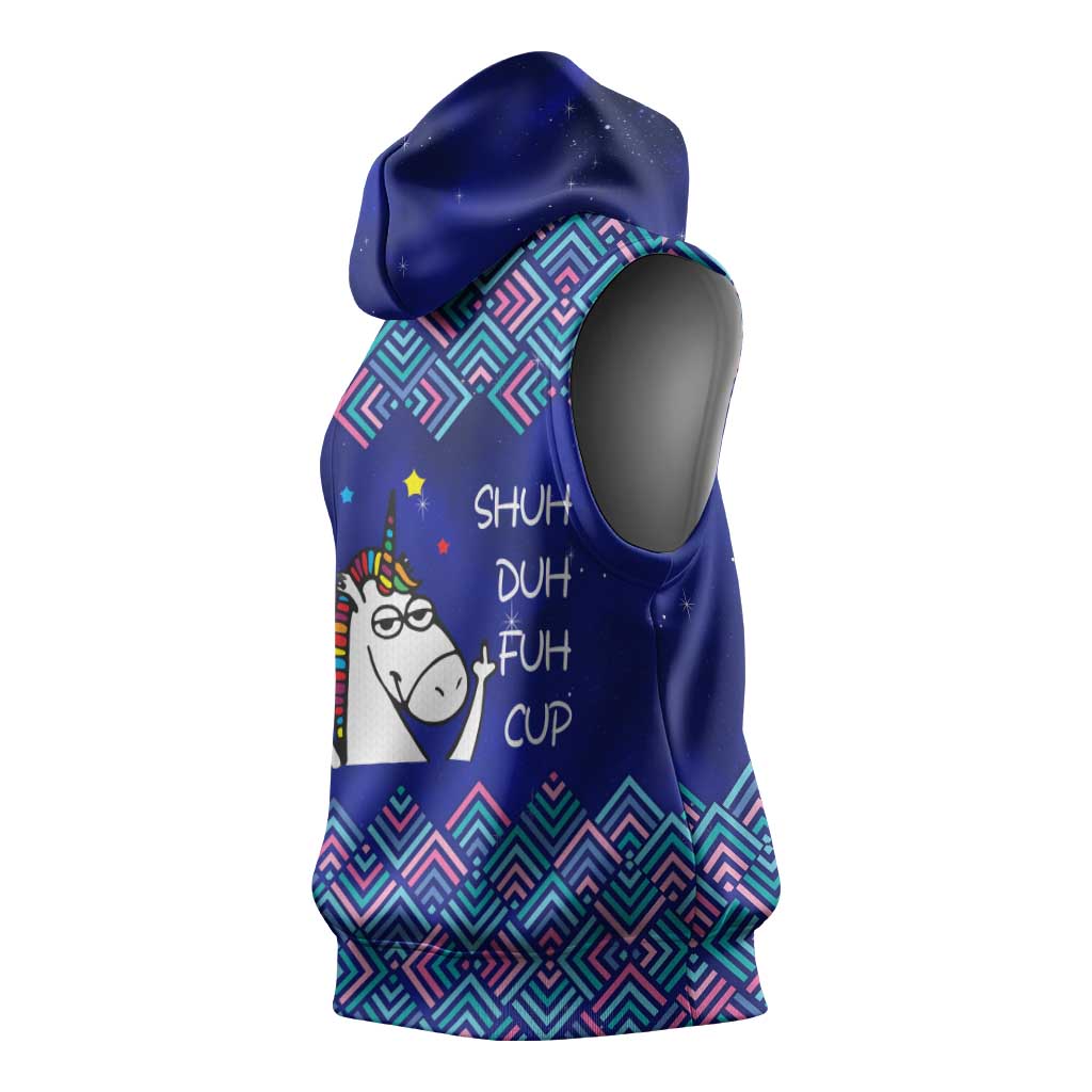 Funny Unicorn Sleeveless Hoodie with Shuh Duh Fuh Cup Quote Blue Geometric and Cartoon - Wonder Print Shop