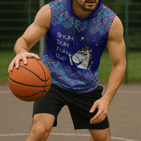 Funny Unicorn Sleeveless Hoodie with Shuh Duh Fuh Cup Quote Blue Geometric and Cartoon - Wonder Print Shop