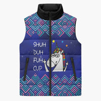 Funny Unicorn Sleeveless Puffer Jacket with Shuh Duh Fuh Cup Quote Blue Geometric and Cartoon - Wonder Print Shop