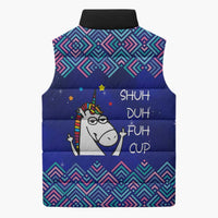 Funny Unicorn Sleeveless Puffer Jacket with Shuh Duh Fuh Cup Quote Blue Geometric and Cartoon - Wonder Print Shop
