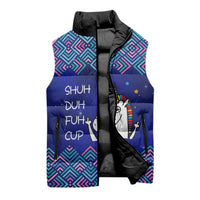 Funny Unicorn Sleeveless Puffer Jacket with Shuh Duh Fuh Cup Quote Blue Geometric and Cartoon - Wonder Print Shop