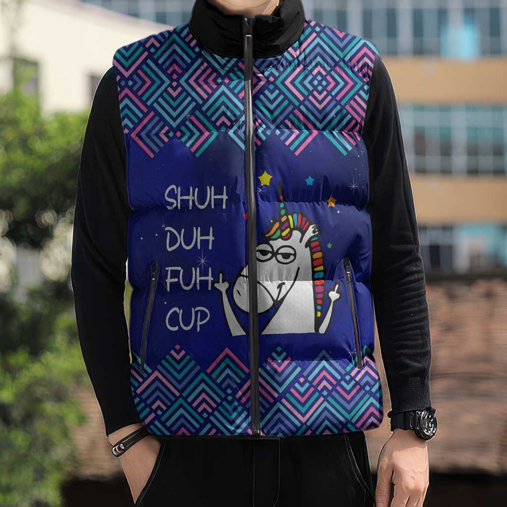 Funny Unicorn Sleeveless Puffer Jacket with Shuh Duh Fuh Cup Quote Blue Geometric and Cartoon - Wonder Print Shop