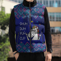 Funny Unicorn Sleeveless Puffer Jacket with Shuh Duh Fuh Cup Quote Blue Geometric and Cartoon - Wonder Print Shop