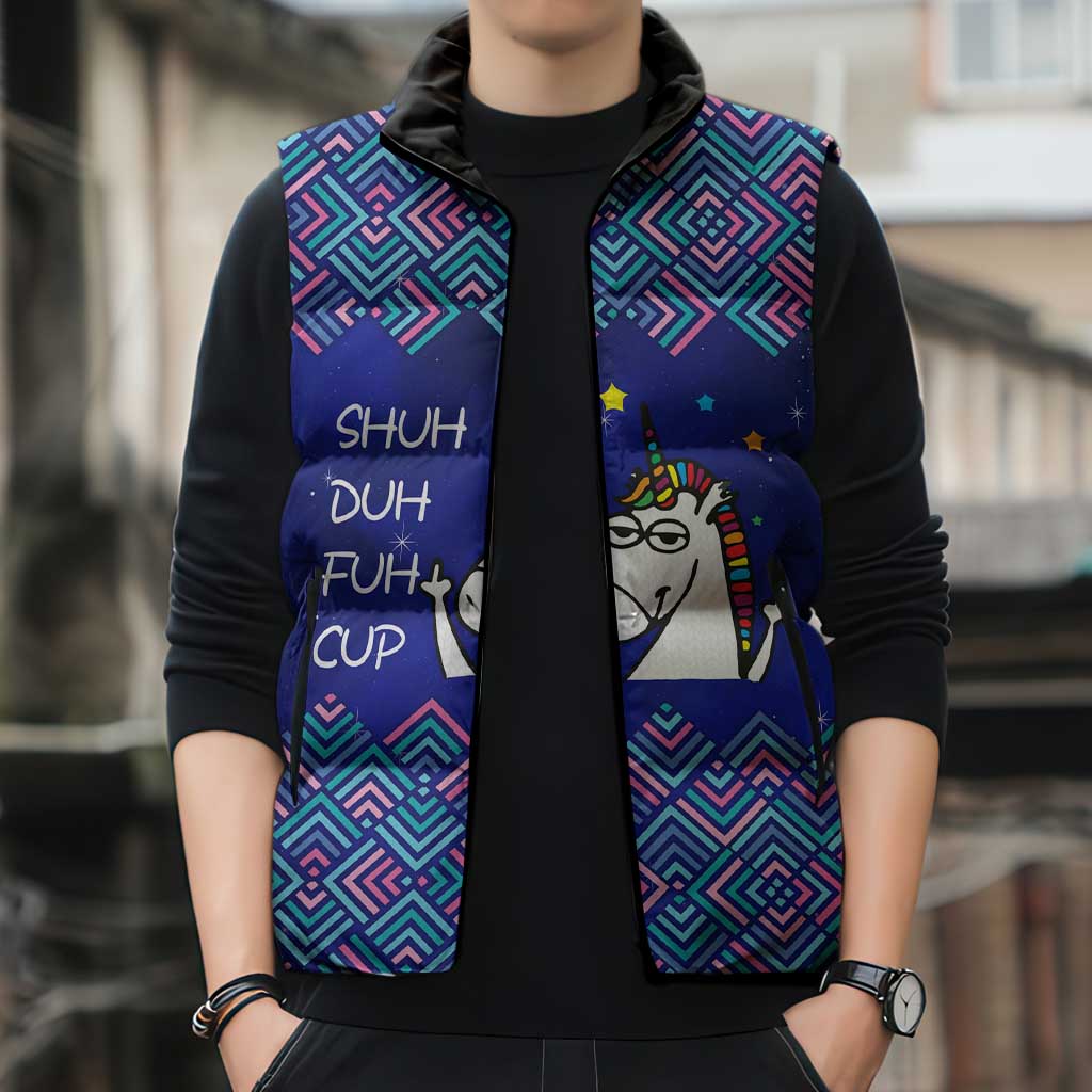 Funny Unicorn Sleeveless Puffer Jacket with Shuh Duh Fuh Cup Quote Blue Geometric and Cartoon - Wonder Print Shop