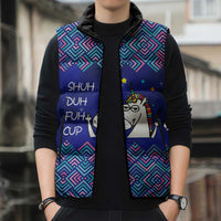 Funny Unicorn Sleeveless Puffer Jacket with Shuh Duh Fuh Cup Quote Blue Geometric and Cartoon - Wonder Print Shop