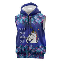 Funny Unicorn Sleeveless Zip Hoodie with Shuh Duh Fuh Cup Quote Blue Geometric and Cartoon - Wonder Print Shop