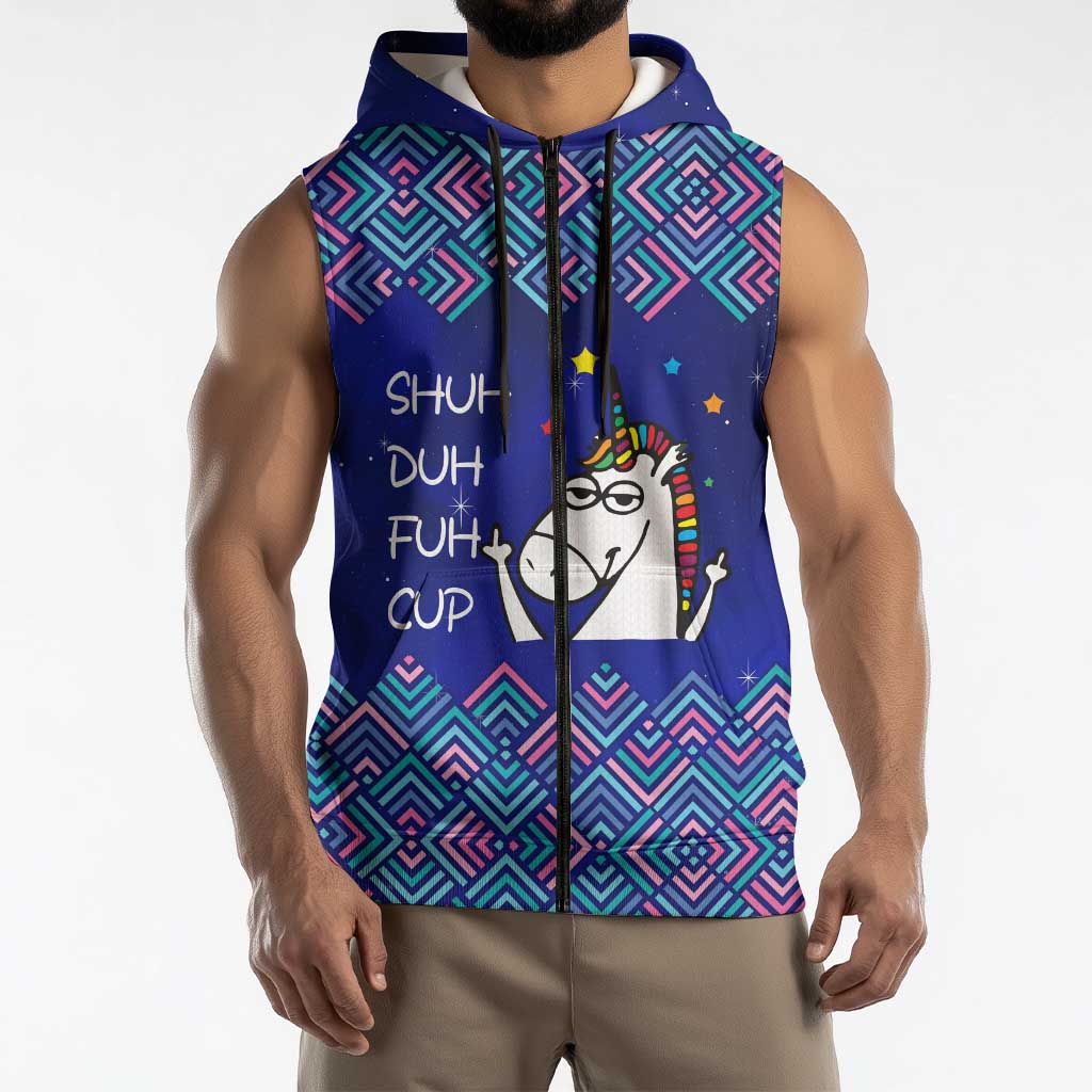 Funny Unicorn Sleeveless Zip Hoodie with Shuh Duh Fuh Cup Quote Blue Geometric and Cartoon - Wonder Print Shop