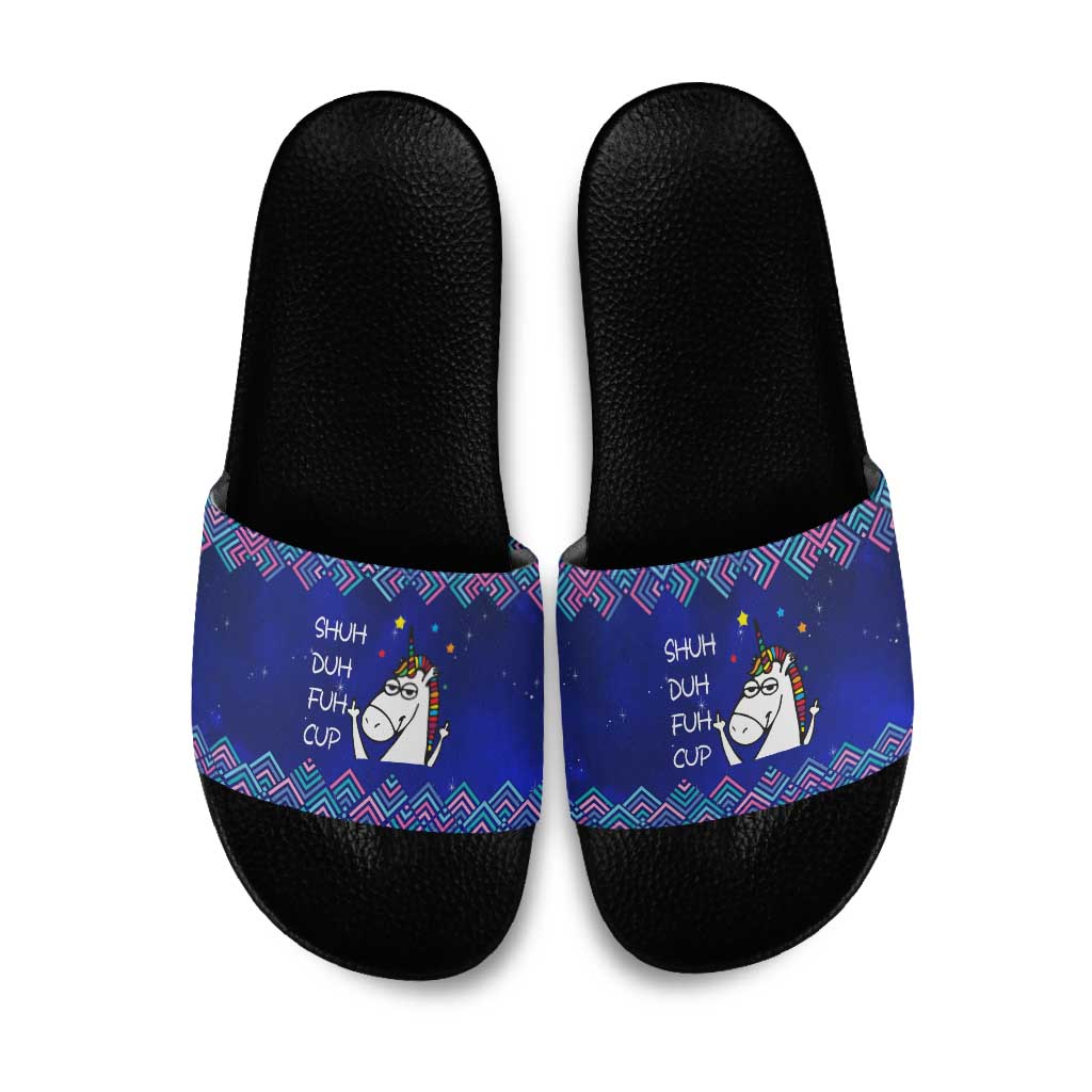 Funny Unicorn Slide Sandals with Shuh Duh Fuh Cup Quote Blue Geometric and Cartoon - Wonder Print Shop