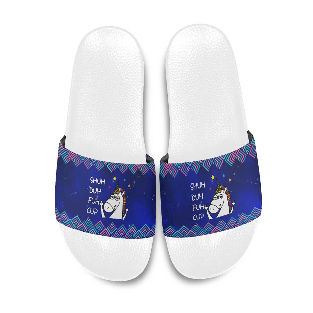Funny Unicorn Slide Sandals with Shuh Duh Fuh Cup Quote Blue Geometric and Cartoon - Wonder Print Shop