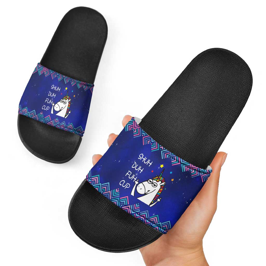 Funny Unicorn Slide Sandals with Shuh Duh Fuh Cup Quote Blue Geometric and Cartoon - Wonder Print Shop