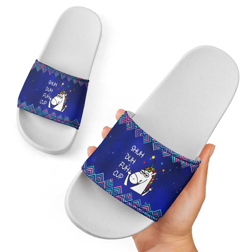 Funny Unicorn Slide Sandals with Shuh Duh Fuh Cup Quote Blue Geometric and Cartoon - Wonder Print Shop