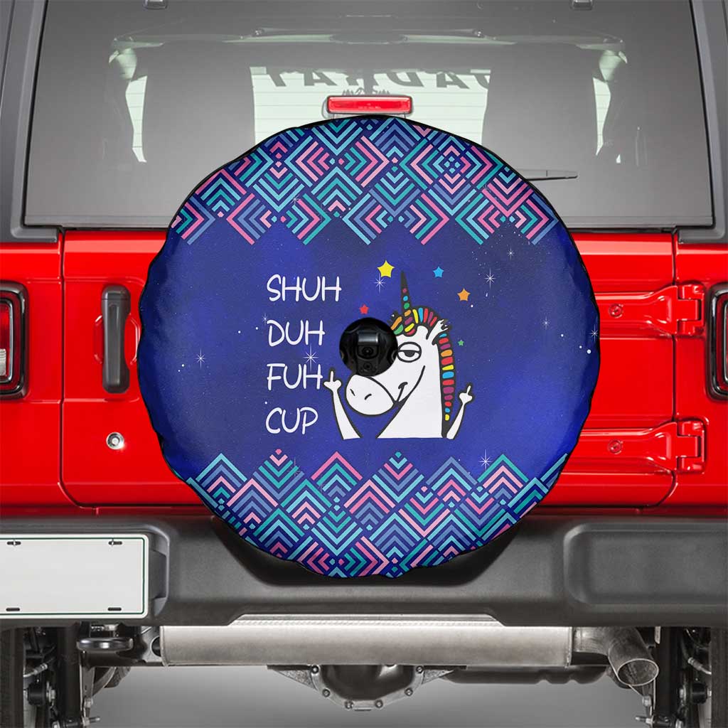 Funny Unicorn Spare Tire Cover with Shuh Duh Fuh Cup Quote Blue Geometric and Cartoon - Wonder Print Shop