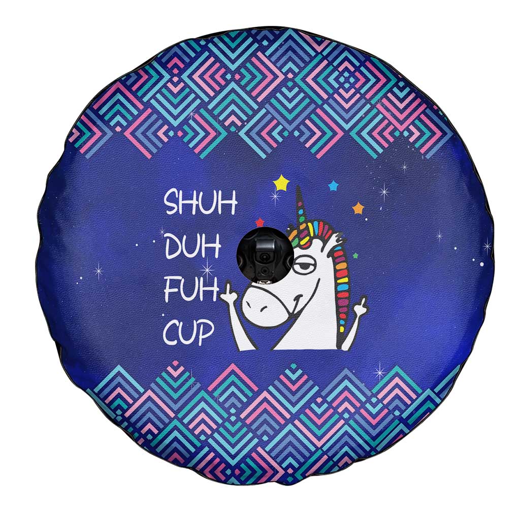 Funny Unicorn Spare Tire Cover with Shuh Duh Fuh Cup Quote Blue Geometric and Cartoon - Wonder Print Shop