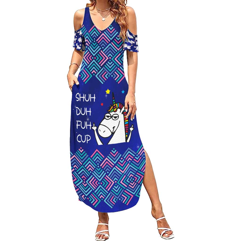 Funny Unicorn Summer Maxi Dress with Shuh Duh Fuh Cup Quote Blue Geometric and Cartoon - Wonder Print Shop
