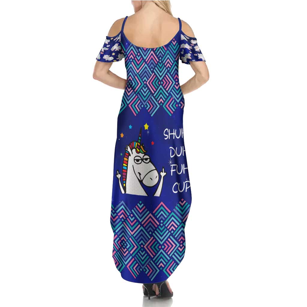 Funny Unicorn Summer Maxi Dress with Shuh Duh Fuh Cup Quote Blue Geometric and Cartoon - Wonder Print Shop