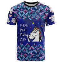 Funny Unicorn T Shirt with Shuh Duh Fuh Cup Quote Blue Geometric and Cartoon - Wonder Print Shop