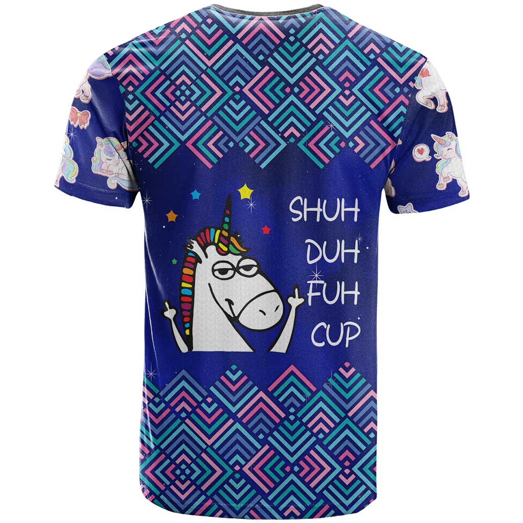 Funny Unicorn T Shirt with Shuh Duh Fuh Cup Quote Blue Geometric and Cartoon - Wonder Print Shop