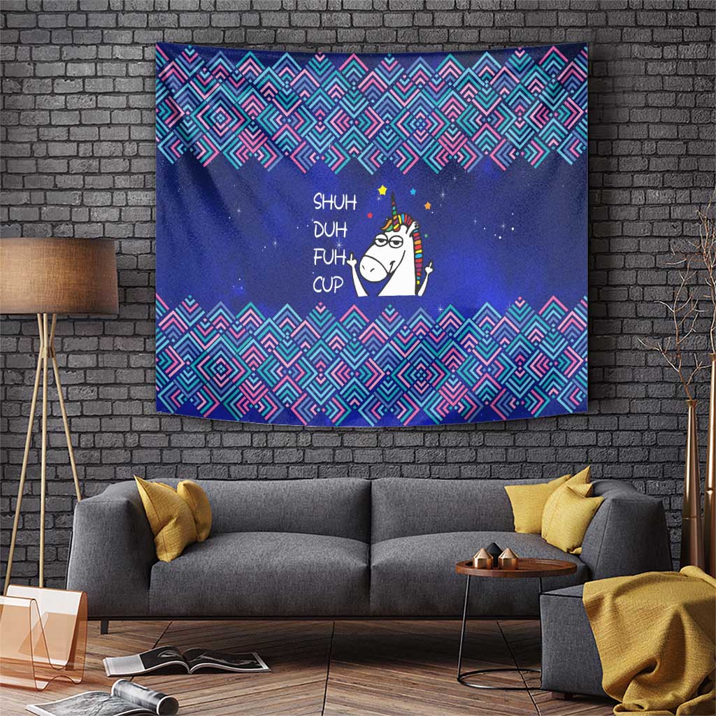 Funny Unicorn Tapestry with Shuh Duh Fuh Cup Quote Blue Geometric and Cartoon - Wonder Print Shop