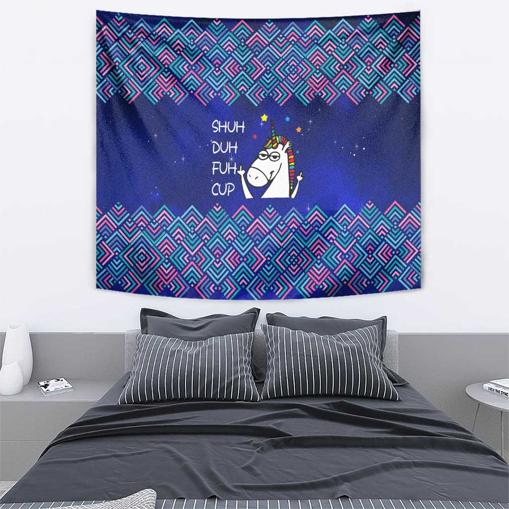 Funny Unicorn Tapestry with Shuh Duh Fuh Cup Quote Blue Geometric and Cartoon - Wonder Print Shop