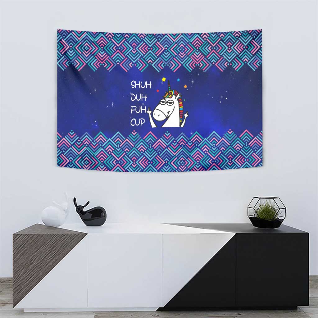 Funny Unicorn Tapestry with Shuh Duh Fuh Cup Quote Blue Geometric and Cartoon - Wonder Print Shop