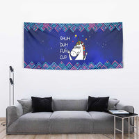 Funny Unicorn Tapestry with Shuh Duh Fuh Cup Quote Blue Geometric and Cartoon - Wonder Print Shop