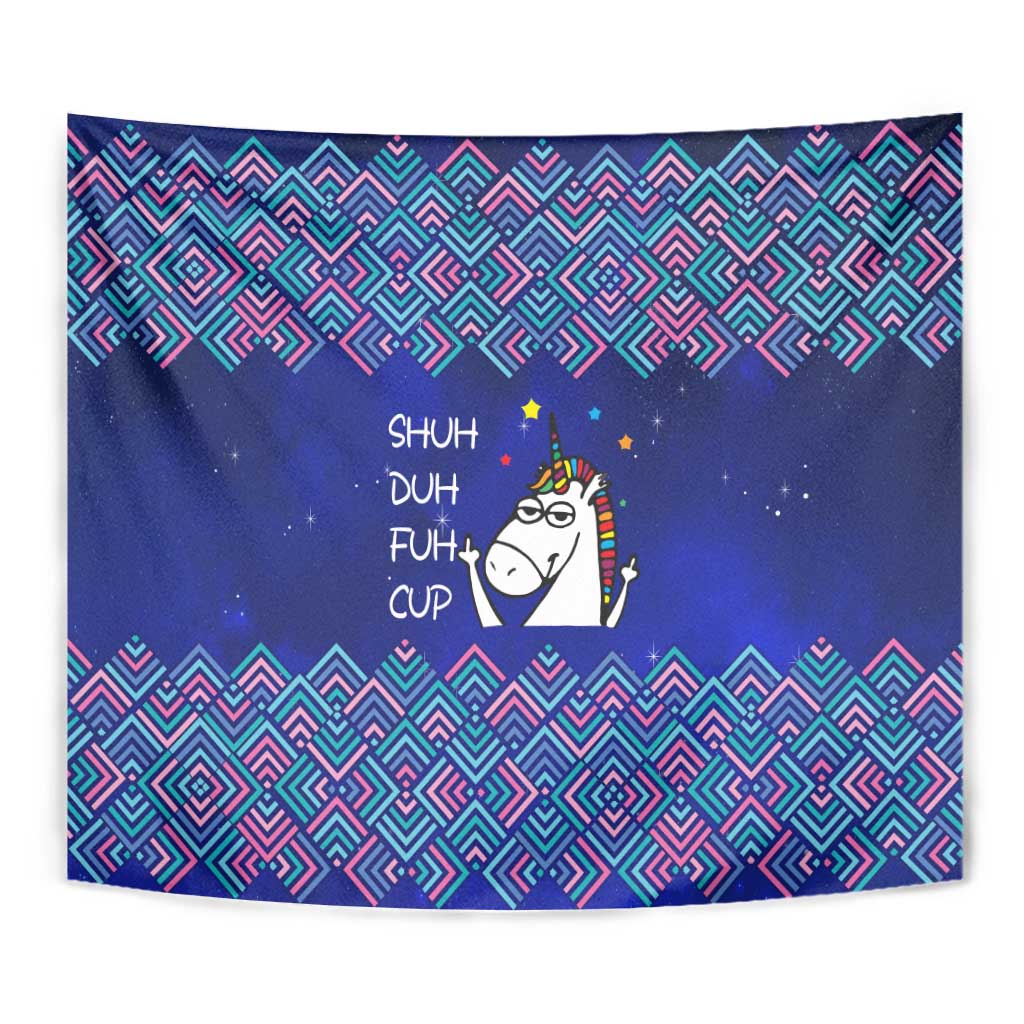 Funny Unicorn Tapestry with Shuh Duh Fuh Cup Quote Blue Geometric and Cartoon - Wonder Print Shop