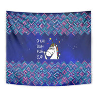 Funny Unicorn Tapestry with Shuh Duh Fuh Cup Quote Blue Geometric and Cartoon - Wonder Print Shop